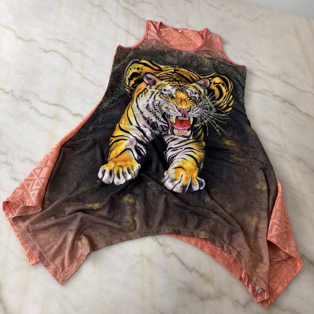 Y2K Tiger Dress Shirt Bling Sleeveless Sz Med Mesh‎ Back Rhinestones Beach Cover - Picture 7 of 14